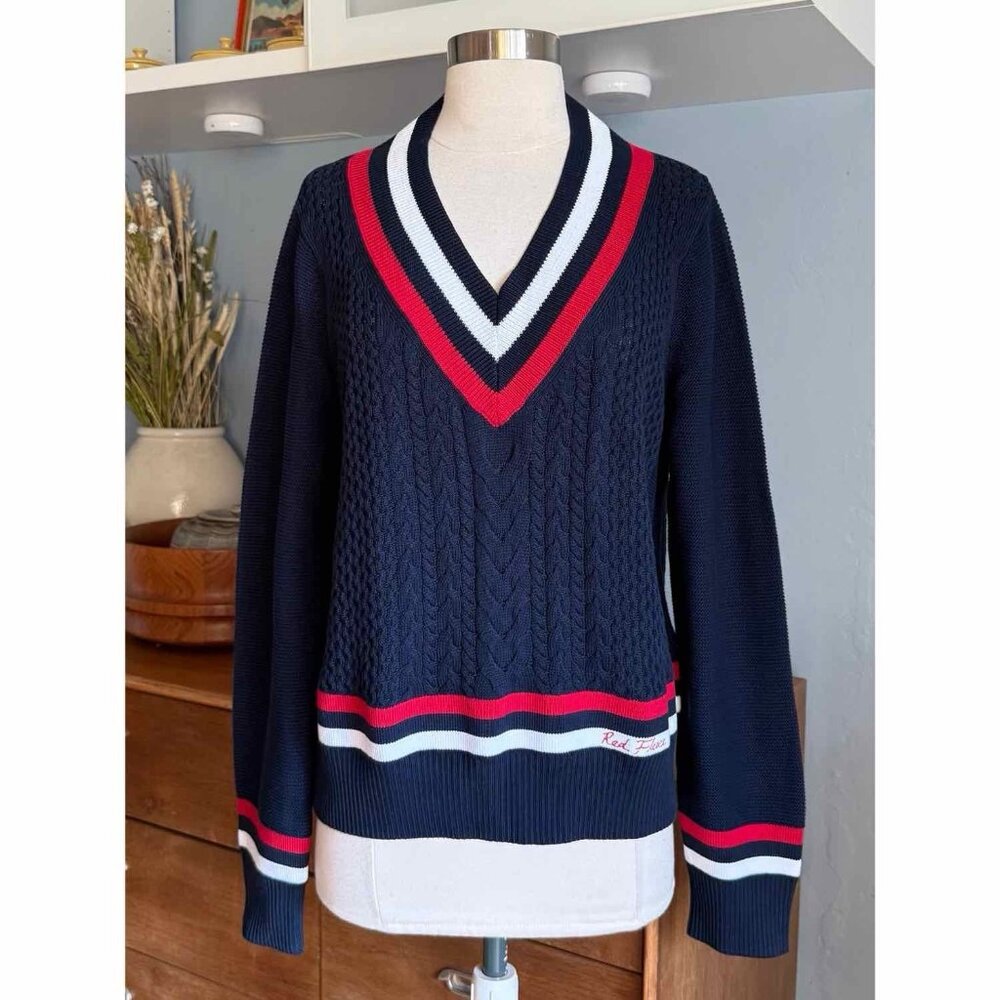 Brooks Brothers Red Fleece Preppy Cable Knit V-Neck Sweater Navy